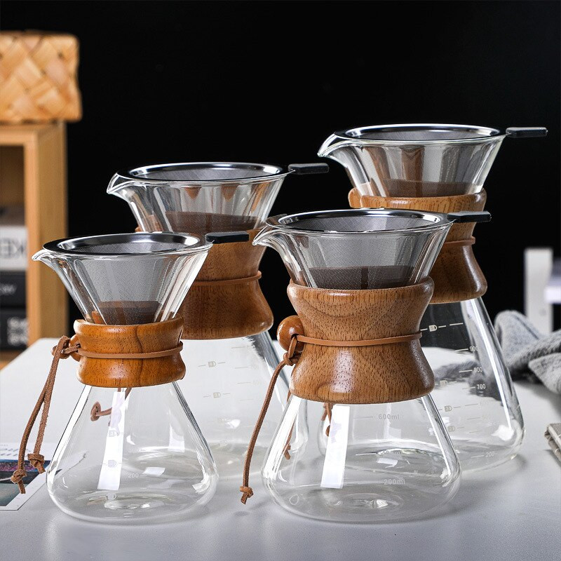 Pour Over Coffee Maker 400/600/800/1000ML Επαναχρησιμοποιήσιμο φίλτρο καφέ από ανοξείδωτο χάλυβα με ξύλινη λαβή κατά του ζεματίσματος