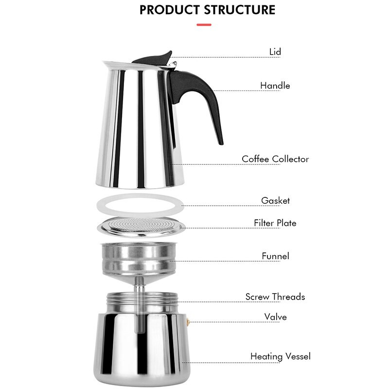 Кафеварка от неръждаема стомана Moka Еспресо Кафеварка Кафеварка Кафемашина Перколатор Печка Кафеварка Италианска кафе машина 100/200/300/450 ml