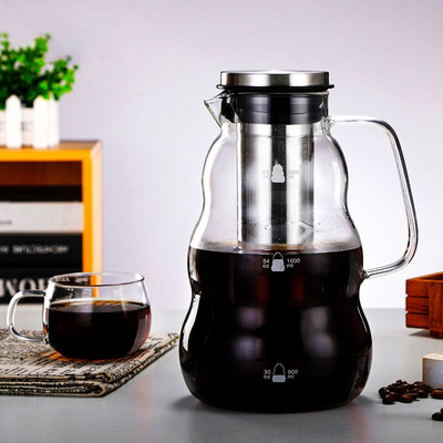 Cold Brew Iced Tea Вода Стъклена кана Кафемашина Тенджера с подвижен филтър от неръждаема стомана Накапване Инструмент за двойна употреба Гарафа за еспресо