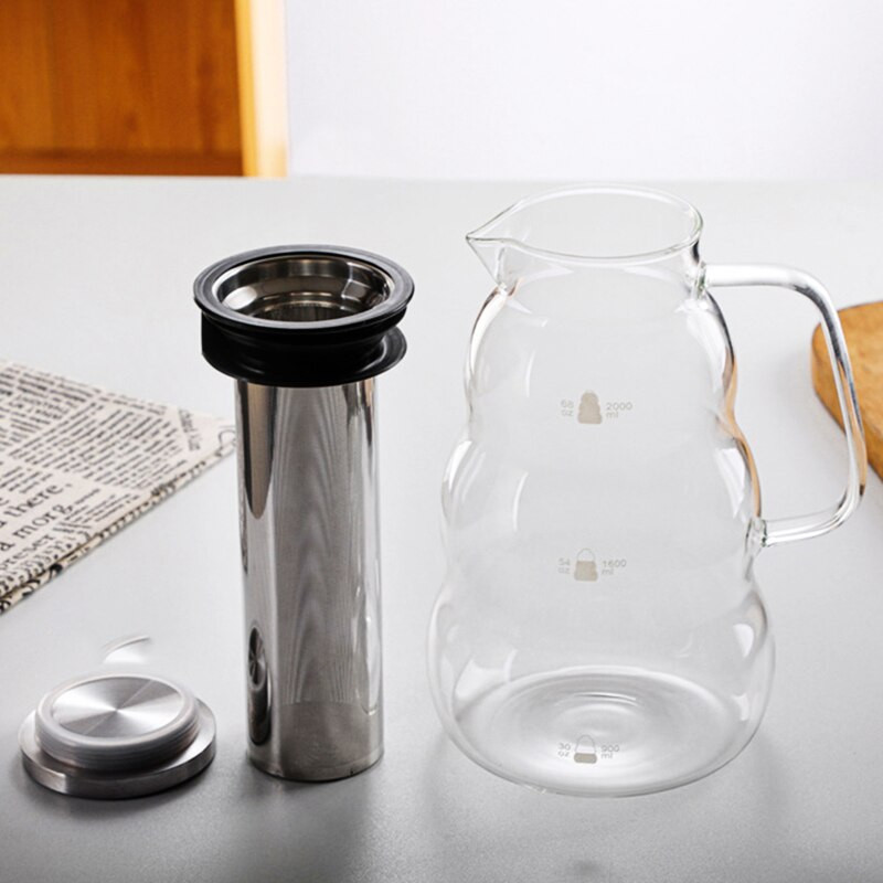 Šalto užvirimo ledinės arbatos vandens stiklinis ąsotis kavos virimo aparatas su nuimamu nerūdijančio plieno filtru, lašinamas dvigubo naudojimo espreso grafino įrankis