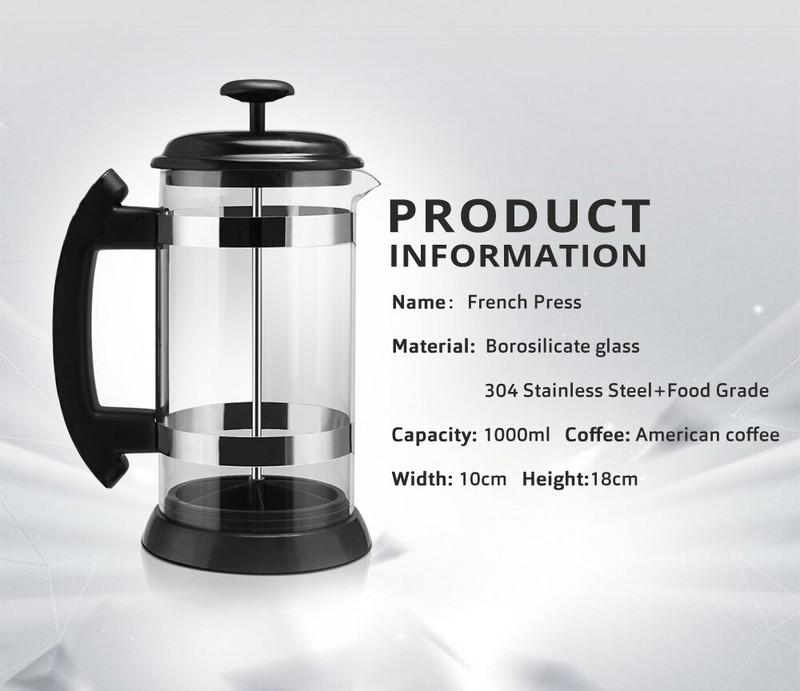 Icafilas 1000ML French Press Kávovar/čajník Kávovar Kanvica Sklenená termoska Do interiéru, do domácej kancelárie Kávové náplne