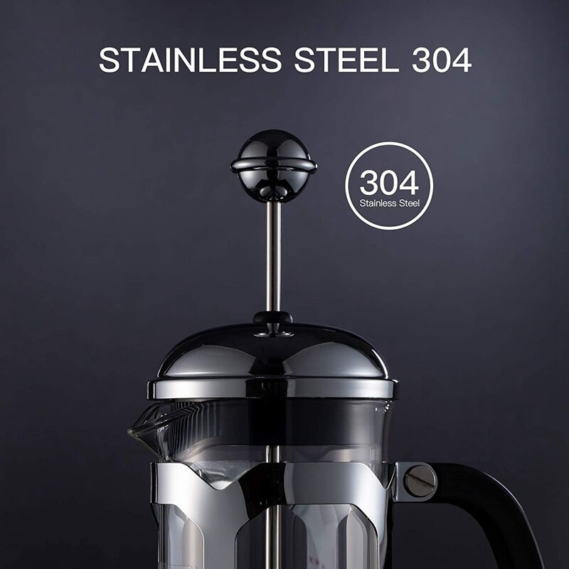 Kávovar French Press, lisovací systém, tepelne odolné zahustené borosilikátové sklo, odolný, ľahko sa čistí