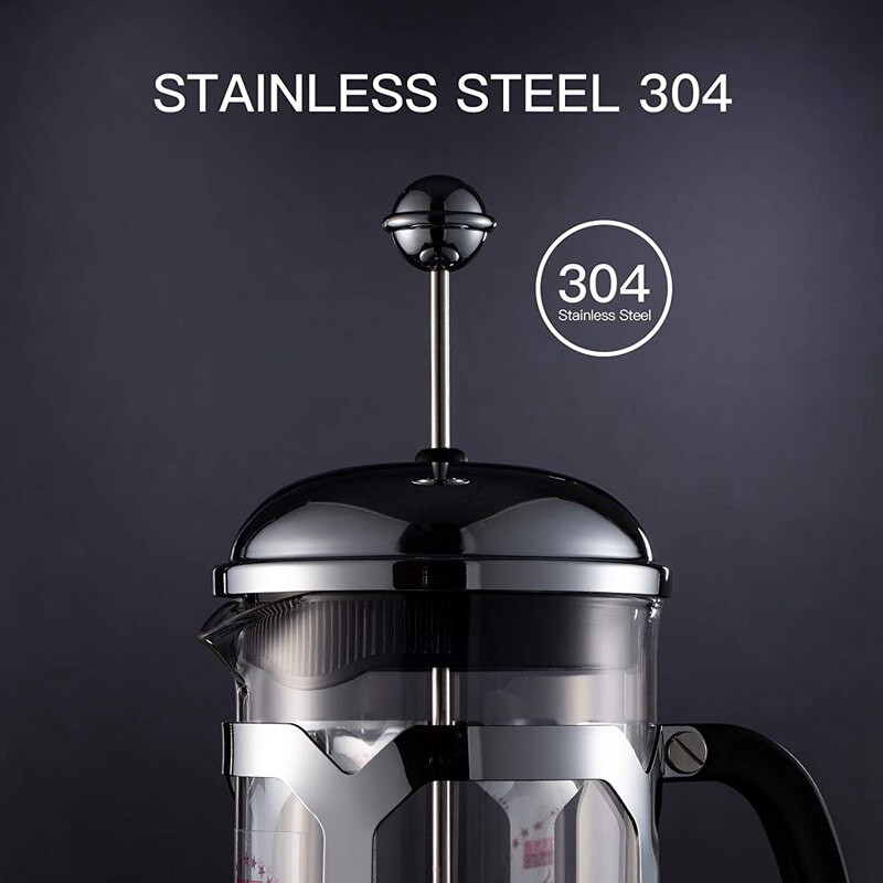 Kávovar French Press, lisovací systém, tepelne odolné zahustené borosilikátové sklo, odolný, ľahko sa čistí