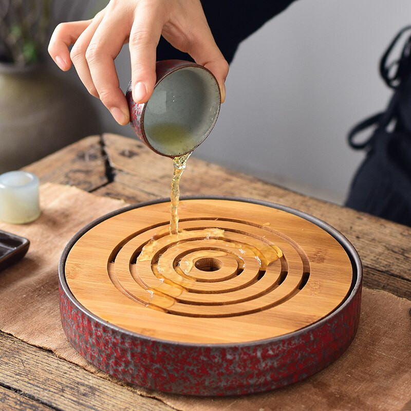 natúr bambusz és kerámia teátálcák teázóasztal kézzel készített tálaló tálcák kiegészítők