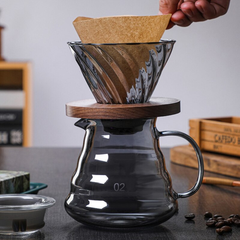 Kávová súprava V60, kávovar, sklenený odkvapkávač s filtračnou sadou 500 ml, drevená rukoväť s ochranou proti obareniu, cezva, kávový riad, špecializovaný nástroj pre baristu