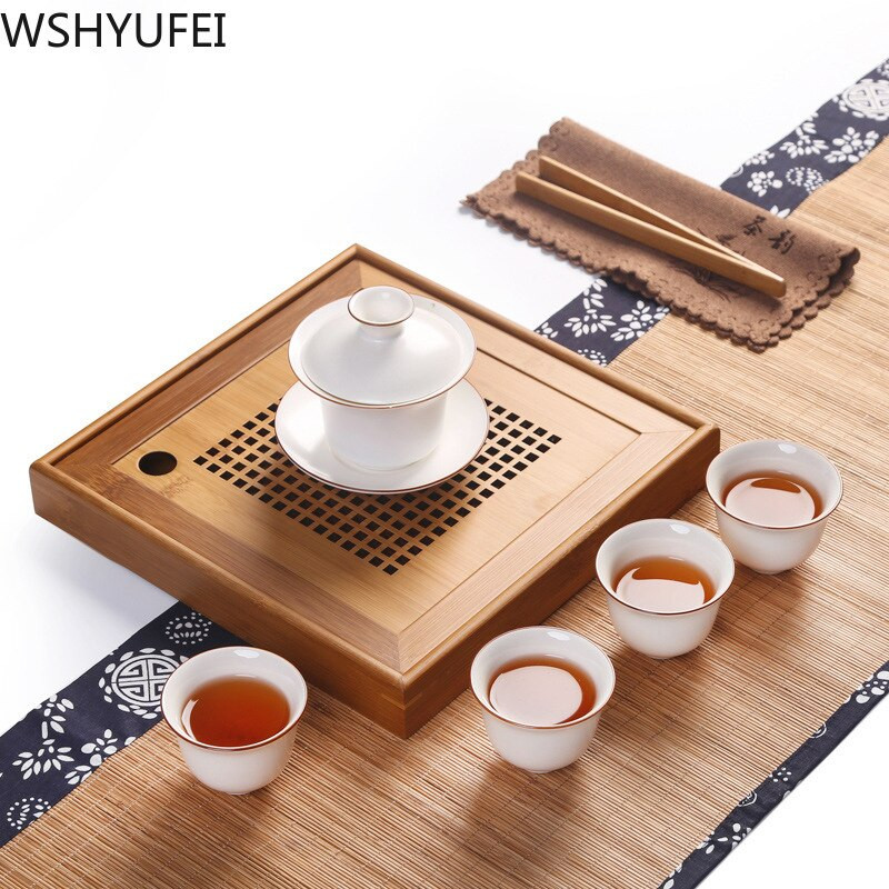 Bambusz teástálca Háztartási téglalap alakú Modern Egyszerű Kis Bambusz Víztároló Négyzet alakú teáskészlet Teatálca dropshipping