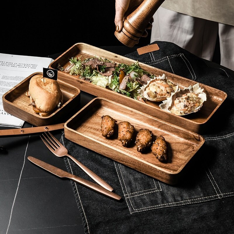 1 kus akáciového dreva, obdĺžnikový drevený tanier, rodinný reštauračný servírovací stôl, japonská čajová súprava, šálka, podšálka, dezert, tácka na tortu
