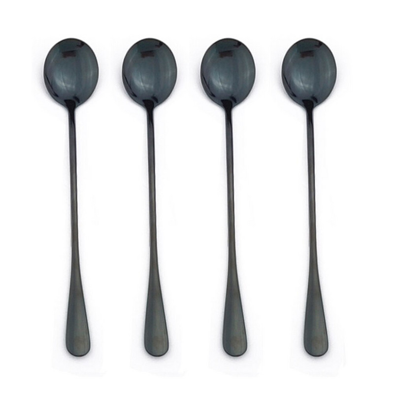 4 vnt. Juodi ilgakočiai arbatos šaukšteliai sulčių maišymo stalo įrankiai nerūdijančio plieno kavos šaukštas geriamasis stalo reikmenys virtuvės pristatymas