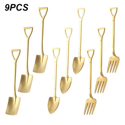 9 vnt. Kastuvas Šaukštas Šakutė Kastuvas Kavos Šaukštas Kastuvas Rankena Desertinis Šaukštas Ledų Šaukštas Kastuvo formos Šakutė Vaisių Šakutė Auksinė