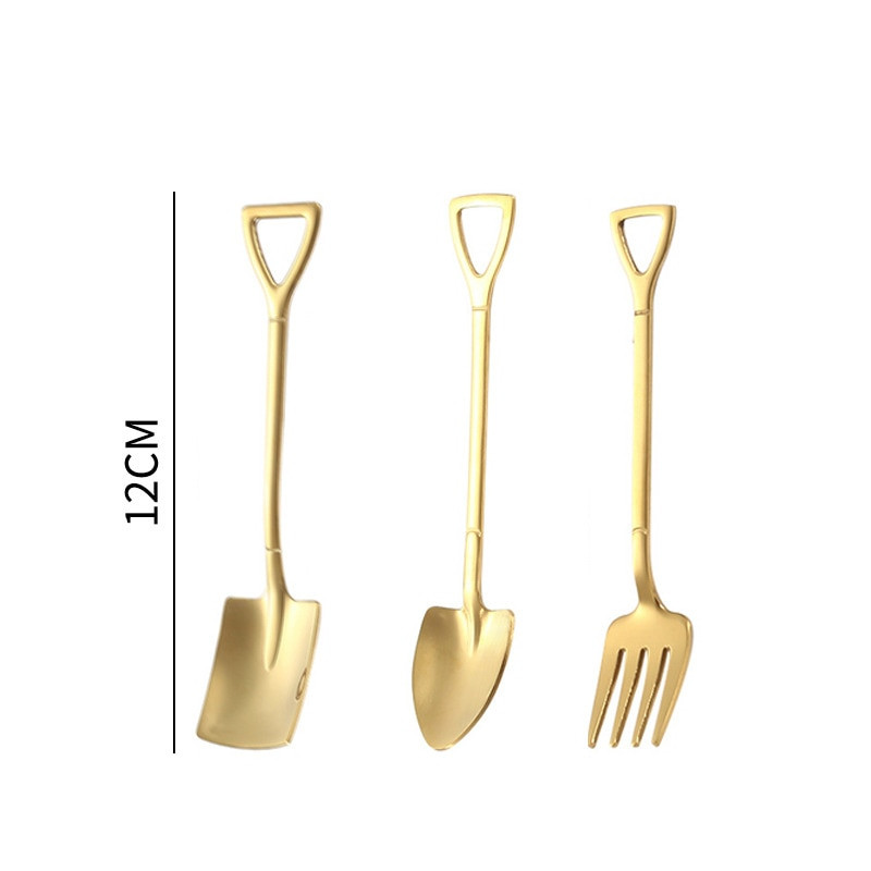 9 vnt. Kastuvas Šaukštas Šakutė Kastuvas Kavos Šaukštas Kastuvas Rankena Desertinis Šaukštas Ledų Šaukštas Kastuvo formos Šakutė Vaisių Šakutė Auksinė