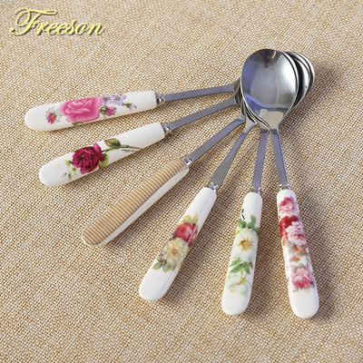 6db/tétel Europe Bone China rozsdamentes acél kávéskanál készlet Keverő teáskanál Mézes desszert fagylaltkanál étkészlet 14,6*2,6cm