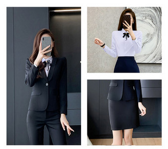 Elegantiškas moteriškas kostiumas – švarkas, kelnės ir sijonas