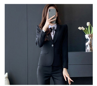 Elegantiškas moteriškas kostiumas – švarkas, kelnės ir sijonas