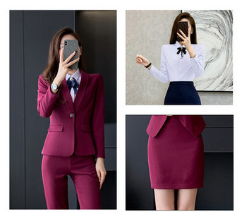 Elegantiškas moteriškas kostiumas – švarkas, kelnės ir sijonas