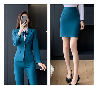 Elegantiškas moteriškas kostiumas – švarkas, kelnės ir sijonas