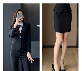 Elegantiškas moteriškas kostiumas – švarkas, kelnės ir sijonas