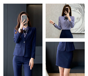 Elegantiškas moteriškas kostiumas – švarkas, kelnės ir sijonas