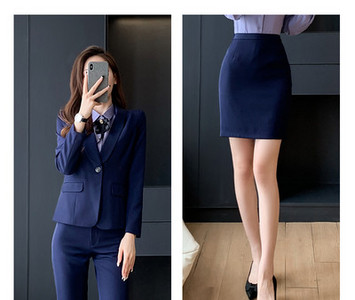 Elegantiškas moteriškas kostiumas – švarkas, kelnės ir sijonas