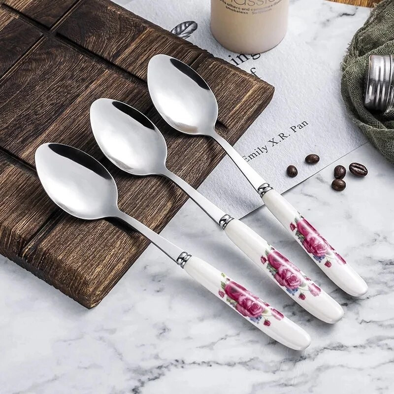 3 бр. Кухненски инструмент Модна вилица от неръждаема стомана, нож, лъжица, вилица от костен Китай, вилица за плодове/торта, десертна вилица, прибори за хранене