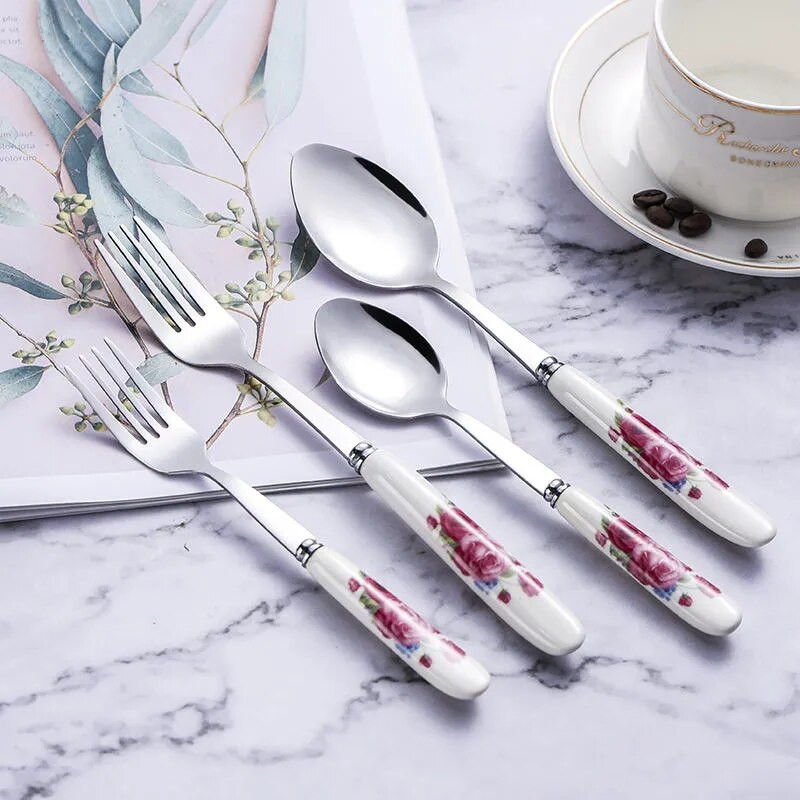 3 бр. Кухненски инструмент Модна вилица от неръждаема стомана, нож, лъжица, вилица от костен Китай, вилица за плодове/торта, десертна вилица, прибори за хранене