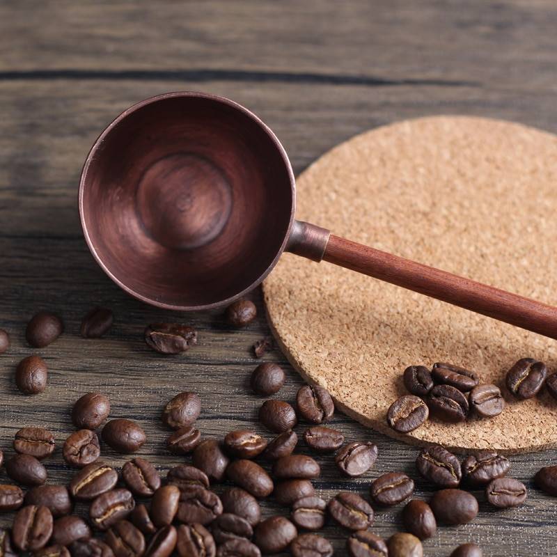 Lingurita de cafea din cupru roșu pur, mâner din lemn, accesorii pentru copt, bartendin, lingură de măsurare, instrumente pentru ceașcă de boabe de cafea