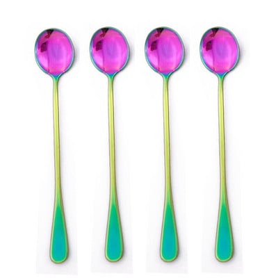 4бр. Сини прибори за разбъркване от неръждаема стомана Чаени лъжици с дълга дръжка Лъжица за кафе Лъжица за сок Кухненски прибори за пиене Drop Shipping