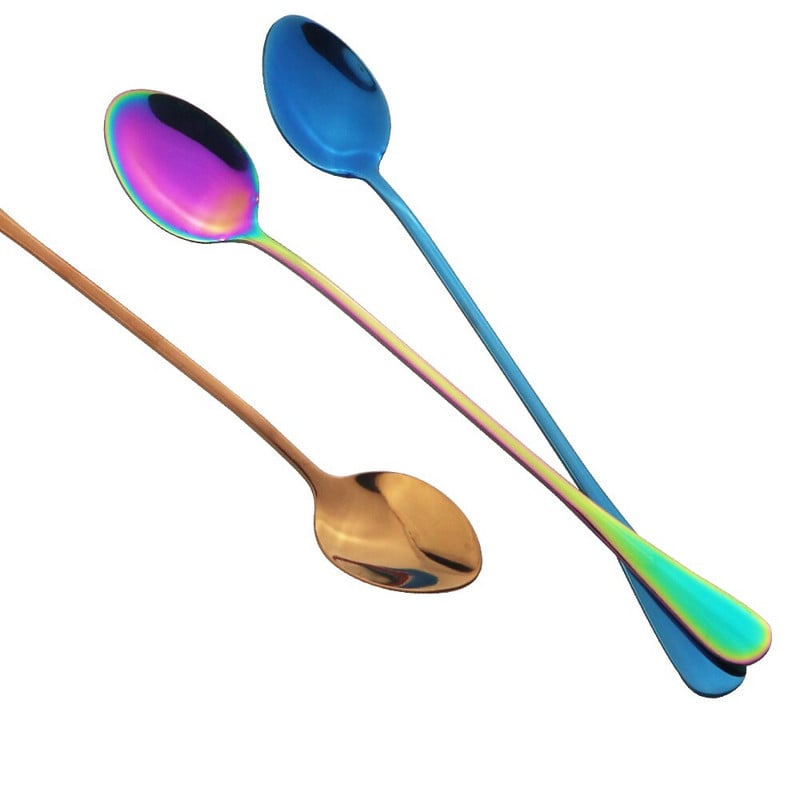 4бр. Сини прибори за разбъркване от неръждаема стомана Чаени лъжици с дълга дръжка Лъжица за кафе Лъжица за сок Кухненски прибори за пиене Drop Shipping