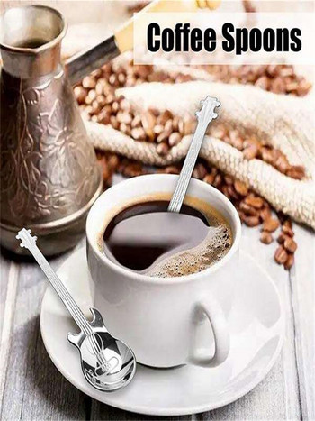 6 бр. китарни лъжици Сребърни чаени лъжички Кафе от неръждаема стомана Музикална смесителна захар Чаена лъжица Кафе сервизи за кухня Ресторант