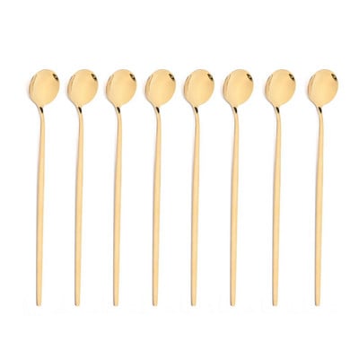 8Pcs Дълга дръжка Лъжица за лед Кафе Чай Лъжица за разбъркване Неръждаема стомана Черно злато Комплект прибори за хранене Кухненски комплект прибори за вечеря