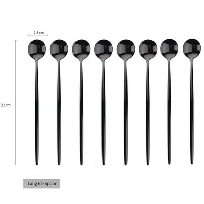 8Pcs Дълга дръжка Лъжица за лед Кафе Чай Лъжица за разбъркване Неръждаема стомана Черно злато Комплект прибори за хранене Кухненски комплект прибори за вечеря