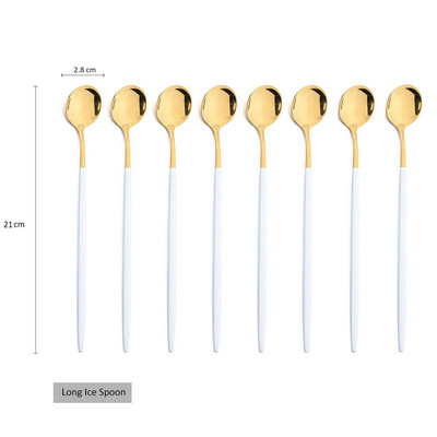 8Pcs Дълга дръжка Лъжица за лед Кафе Чай Лъжица за разбъркване Неръждаема стомана Черно злато Комплект прибори за хранене Кухненски комплект прибори за вечеря