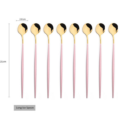 8Pcs Дълга дръжка Лъжица за лед Кафе Чай Лъжица за разбъркване Неръждаема стомана Черно злато Комплект прибори за хранене Кухненски комплект прибори за вечеря