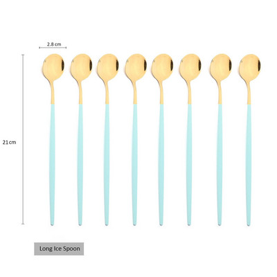 8Pcs Дълга дръжка Лъжица за лед Кафе Чай Лъжица за разбъркване Неръждаема стомана Черно злато Комплект прибори за хранене Кухненски комплект прибори за вечеря