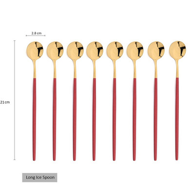 8Pcs Дълга дръжка Лъжица за лед Кафе Чай Лъжица за разбъркване Неръждаема стомана Черно злато Комплект прибори за хранене Кухненски комплект прибори за вечеря