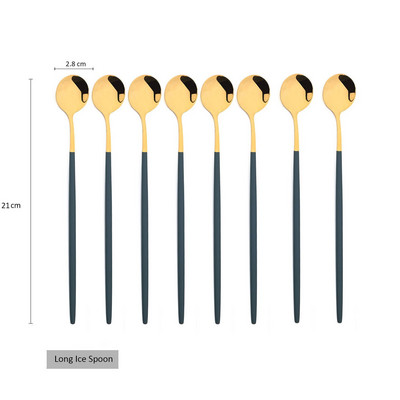8Pcs Дълга дръжка Лъжица за лед Кафе Чай Лъжица за разбъркване Неръждаема стомана Черно злато Комплект прибори за хранене Кухненски комплект прибори за вечеря
