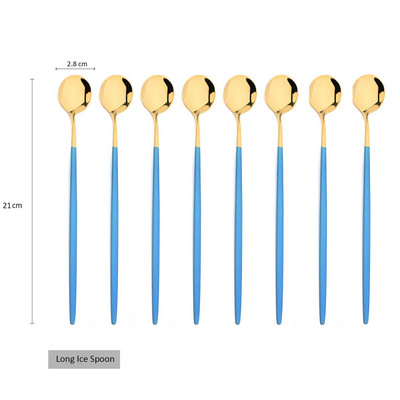 8Pcs Дълга дръжка Лъжица за лед Кафе Чай Лъжица за разбъркване Неръждаема стомана Черно злато Комплект прибори за хранене Кухненски комплект прибори за вечеря