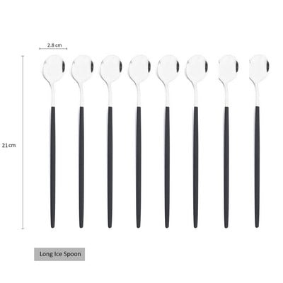 8Pcs Дълга дръжка Лъжица за лед Кафе Чай Лъжица за разбъркване Неръждаема стомана Черно злато Комплект прибори за хранене Кухненски комплект прибори за вечеря