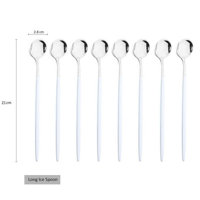 8Pcs Дълга дръжка Лъжица за лед Кафе Чай Лъжица за разбъркване Неръждаема стомана Черно злато Комплект прибори за хранене Кухненски комплект прибори за вечеря