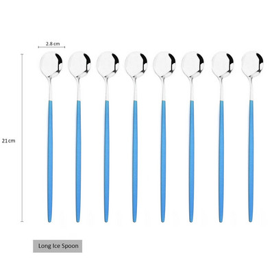 8Pcs Дълга дръжка Лъжица за лед Кафе Чай Лъжица за разбъркване Неръждаема стомана Черно злато Комплект прибори за хранене Кухненски комплект прибори за вечеря