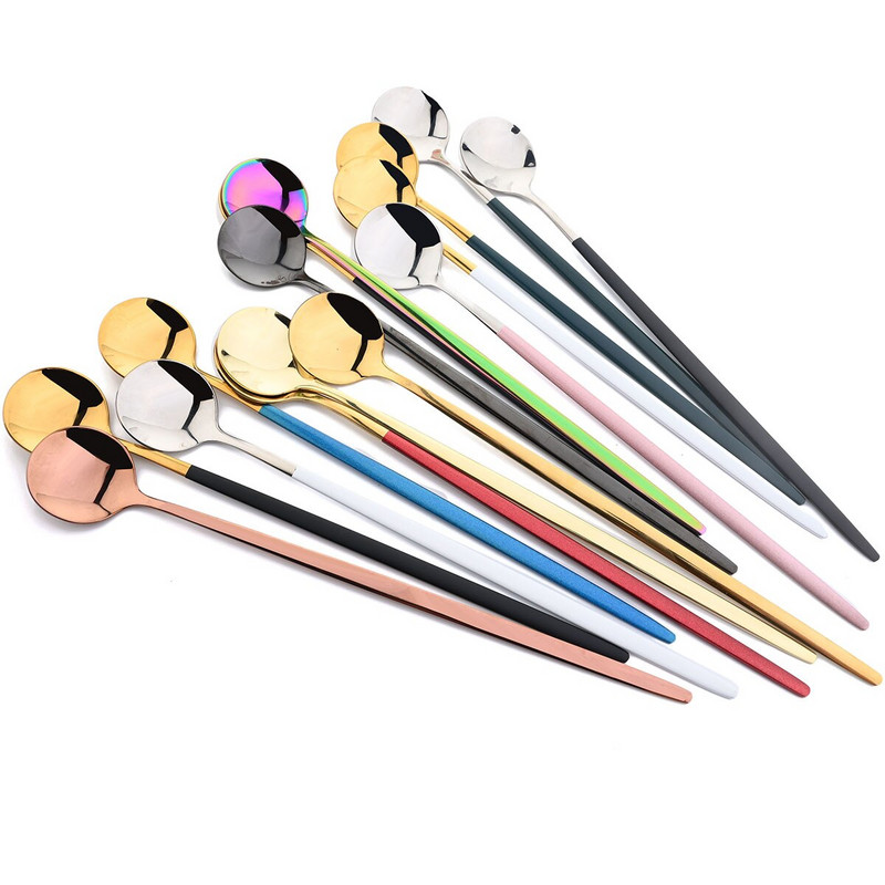 Set de tacâmuri din oțel inoxidabil, 8 buc., lingură de gheață cu mâner lung, cafea, ceai, set de tacâmuri, instrumente de bucătărie, set de tacâmuri