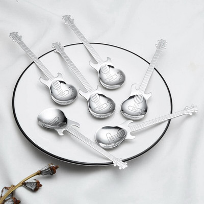 6 пакета китарни лъжички за кафе Творчески сладки лъжици Чаени лъжици от неръждаема стомана Лъжица за разбъркване Сребърна китара