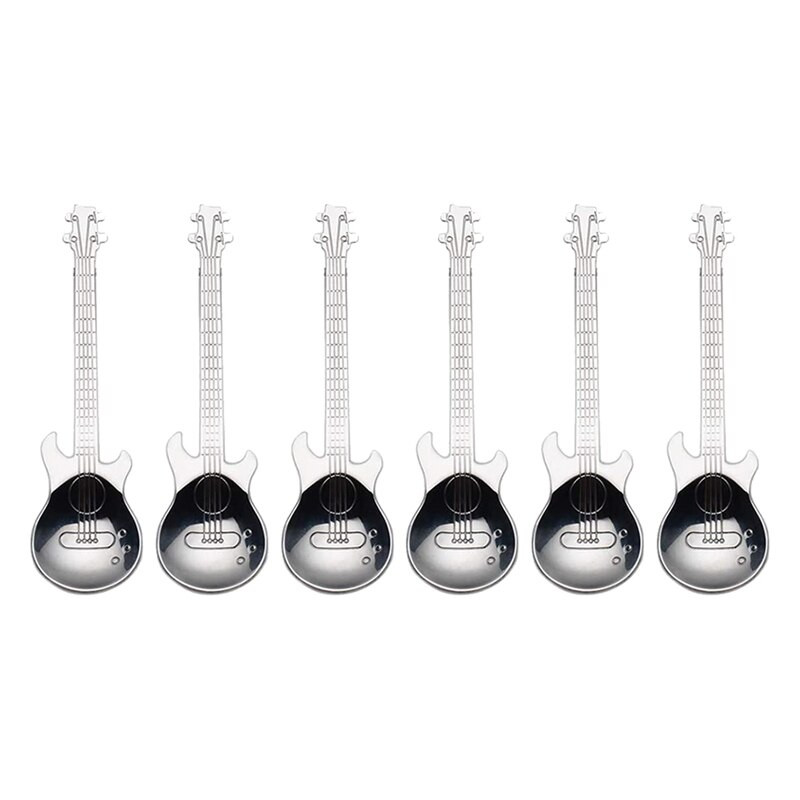 6 пакета китарни лъжички за кафе Творчески сладки лъжици Чаени лъжици от неръждаема стомана Лъжица за разбъркване Сребърна китара