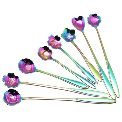 Set de 8 bucăți de linguri de flori, 2 lingurițe colorate din oțel inoxidabil de dimensiuni diferite, lingură curcubeu pentru amestecarea cafelei