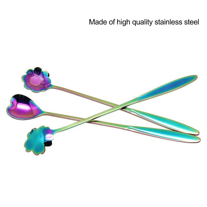 Set de 8 bucăți de linguri de flori, 2 lingurițe colorate din oțel inoxidabil de dimensiuni diferite, lingură curcubeu pentru amestecarea cafelei