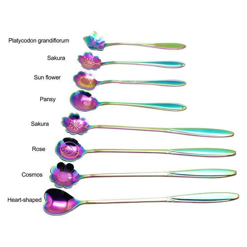 Set de 8 bucăți de linguri de flori, 2 lingurițe colorate din oțel inoxidabil de dimensiuni diferite, lingură curcubeu pentru amestecarea cafelei