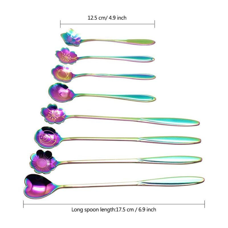 Set de 8 bucăți de linguri de flori, 2 lingurițe colorate din oțel inoxidabil de dimensiuni diferite, lingură curcubeu pentru amestecarea cafelei