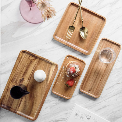 1 db akácfából készült tálalótálca, négyzet alakú, téglalap alakú reggeliző sushi snack kenyér desszert tortatál könnyen hordozható, hornyolt fogantyúval