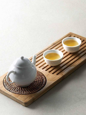 Поднос за чай от масивно бамбуково дърво Ратанова подложка Правоъгълна маса за сервиране Чиния Съхранение за хотел Чиния за чай Аксесоари Чинийка