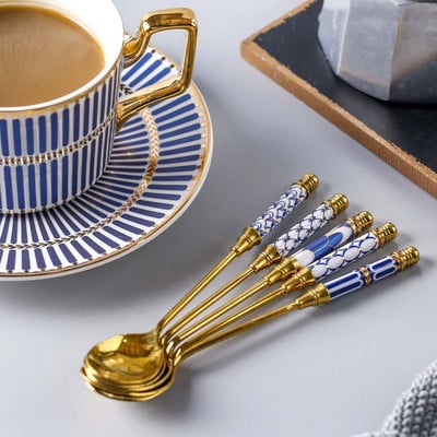 Elegantná keramická lyžička na miešanie kávy, dlhá rukoväť, brilantná lyžička na zmrzlinu, pozlátená dezertná lyžička, riad z nehrdzavejúcej ocele