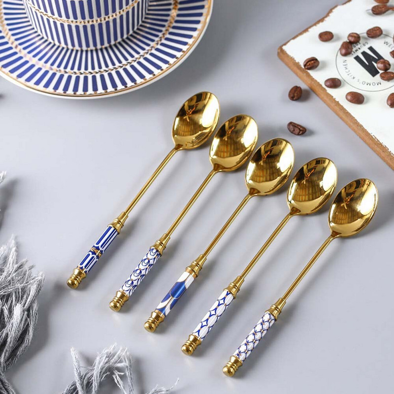 Elegantná keramická lyžička na miešanie kávy, dlhá rukoväť, brilantná lyžička na zmrzlinu, pozlátená dezertná lyžička, riad z nehrdzavejúcej ocele
